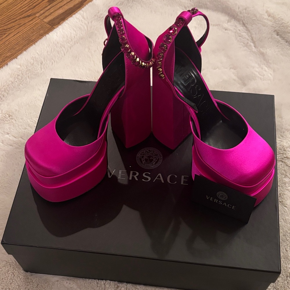 Versace Fuchsia Satin Platform Slingback Heels with Jewel Strap